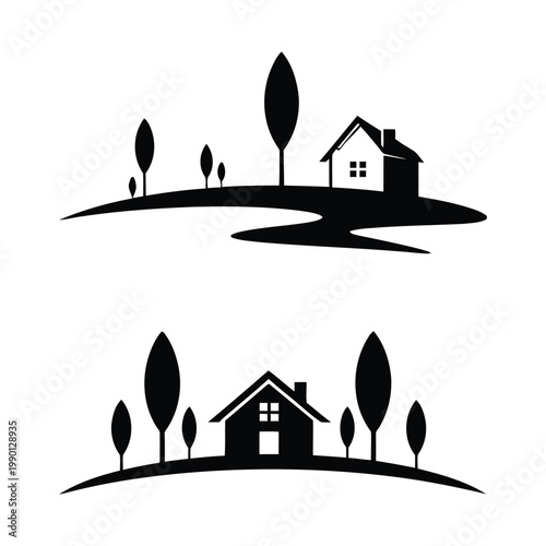 Two houses with trees on a hill landscape scene illustration
