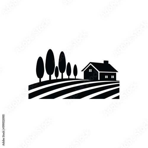 A serene landscape featuring a house surrounded by trees on a hill with farmland.