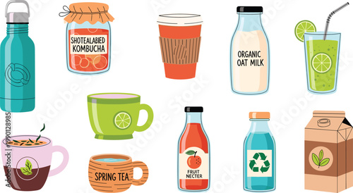 Eco Friendly Sustainable Beverage Vector Illustration Set Featuring Organic Oat Milk, Kombucha Jar, Spring Tea, Fruit Nectar, and Recyclable Water Bottles for Wellness