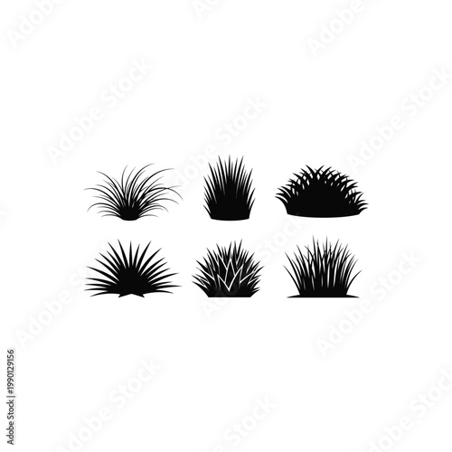 A collection of six different grass silhouettes arranged in two rows on a plain surface