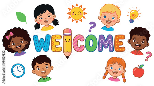 diverse children welcoming back to school with colorful welcome sign vector illustration