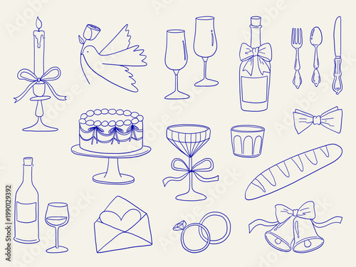 Wedding Hand Drawn Elements Set Romantic Doodle Celebration Icons Collection