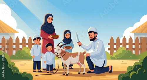 Muslim family celebrating Eid al-Adha by sacrificing a goat, illustrating tradition and community spirit