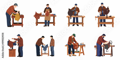 Flat vector illustrations of professional saddlers and leather craftsmen working on various horse saddles at wooden workbenches in a workshop setting.