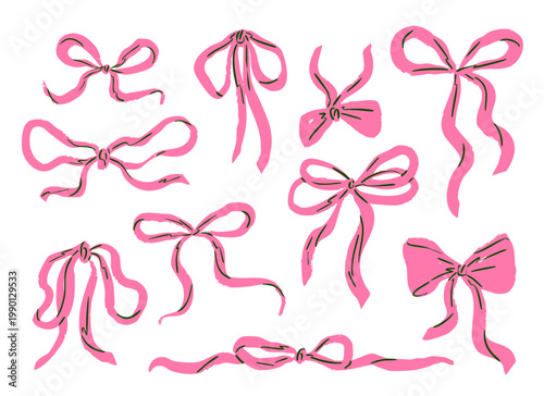 Hand Drawn Pink Ribbon Bow Doodle Set Decorative Feminine Sketch Illustration