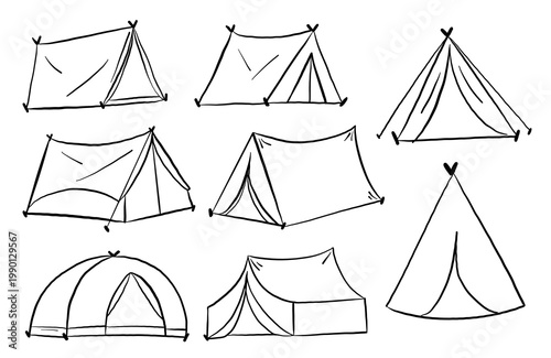 Hand Drawn Camping Tent Set Outdoor Adventure Doodle Sketch Vector Collection