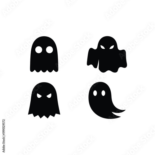 Four black ghost illustrations with various eye expressions float in air