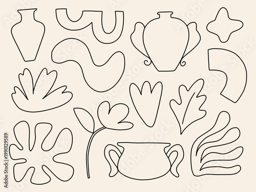 Hand Drawn Abstract Organic Shapes Vase Leaf Floral Outline Vector Collection