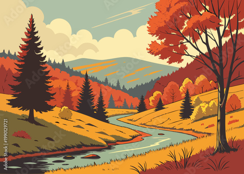 Autumn mountain landscape with river illustration