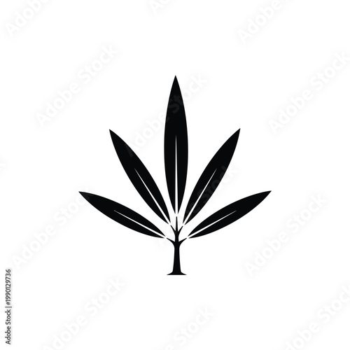 A minimalist illustration of a cannabis leaf in black on a white background