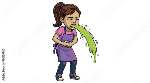young girl vomiting green substance vector illustration