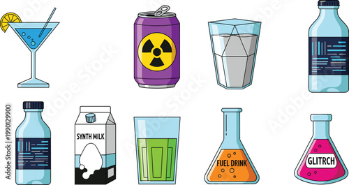 Futuristic Cyberpunk Beverage Vector Illustration Set Featuring Synth Milk, Fuel Drink, Glitch Juice, Radioactive Soda Can, and Sci-Fi Laboratory Beaker Drinks for Gaming Designs