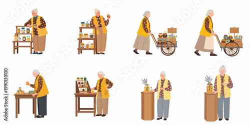 Set of flat vector illustrations featuring an elderly woman selling various jars of organic honey at a market stall or from a wooden cart.