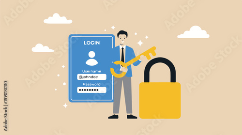 business professional securing login with key and padlock vector illustration