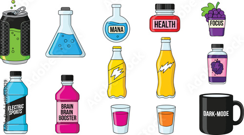 Gaming and Esport Energy Drink Vector Illustration Set Featuring Brain Booster, Electric Sports Tonic, Health Potion, Focus Juice, and Dark Mode Coffee for Gamers