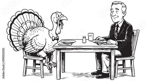Man and turkey sitting at a dinner table, vector illustration
