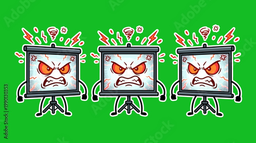 Three Angry Presentation Screens with Fiery Eyes and Lightning Bolts.