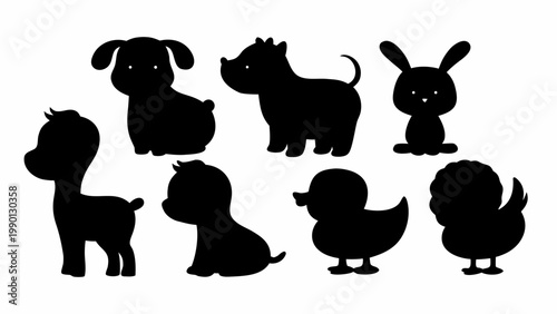 Collection of adorable black silhouette baby animals including a puppy kitten bunny duckling lamb and piglet on a clean white background perfect for children's designs