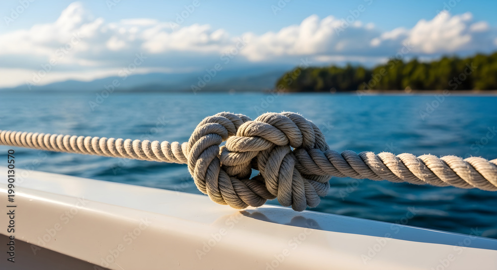 Fototapeta premium A thick nautical rope tied in a knot resting on a white boat railing with a blurred ocean background