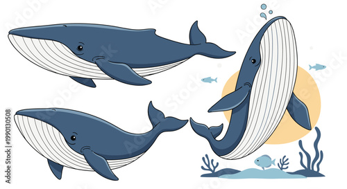 Three humpback whales in various swimming and breaching positions with some ocean details and bubbles on a white background.