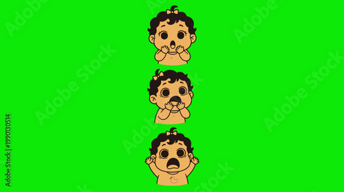 Three Cartoon Babies Portraying Different Emotions on Green Background.
