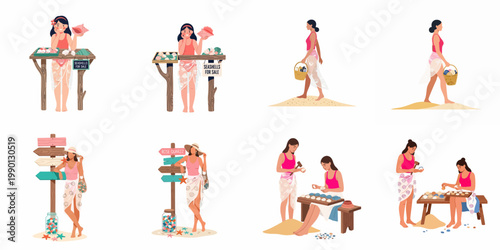 Set of flat illustrations featuring women selling, collecting, and processing seashells and sea glass at a tropical beach market.