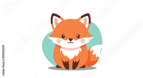 Adorable cartoon style red fox with big eyes and rosy cheeks sitting in front of a blue background circle on white.