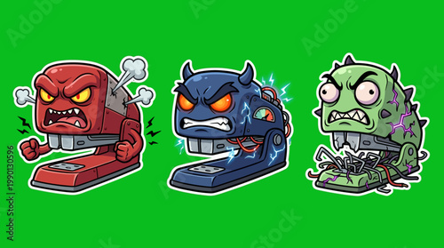 Three Angry Staplers with Unique Monster Faces on Green Background.