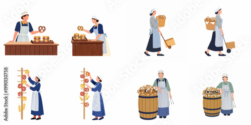 Flat illustration set of female bakers and market vendors in traditional aprons selling fresh pretzels and snacks at a fair or market stall.
