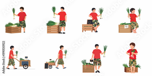 Illustrations of a young boy holding, selling, and transporting fresh green onions in crates and a wooden cart at a farmers market.