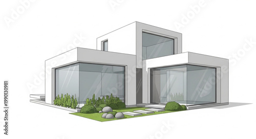 Modern White House with Large Glass Windows and Greenery.
