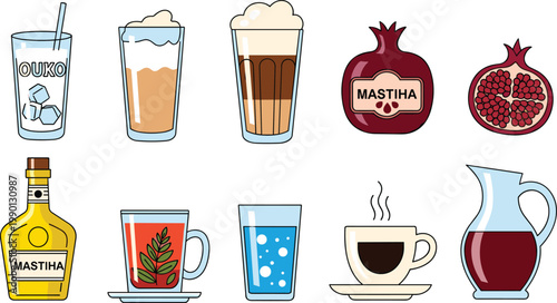 Traditional Greek and Mediterranean Beverage Vector Illustration Set Featuring Ouzo, Mastiha Liqueur, Pomegranate Juice, Greek Coffee, Frappe, and Herbal Tea for Restaurant Menus