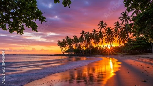 Tropical Beach Sunset with Palm Trees and Fiery Sky