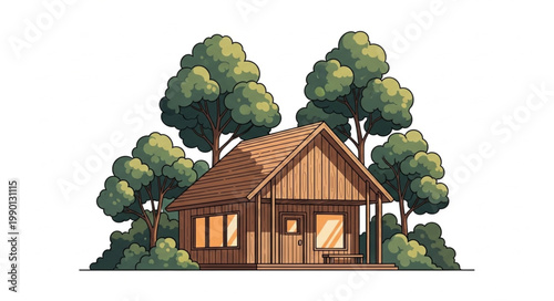 Cozy Wooden Cabin Surrounded by Lush Green Trees Illustration.