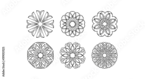 Six intricate black and white mandala like circular patterns with floral and geometric motifs, suitable for coloring books or decorative designs.