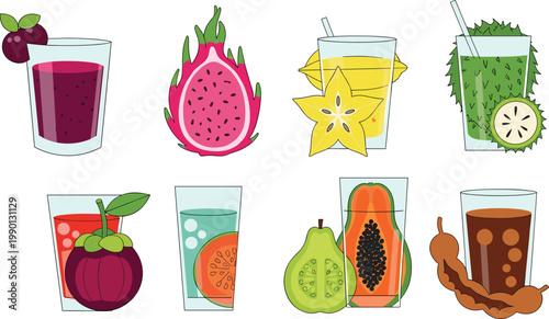 Tropical Exotic Fruit Juice Vector Illustration Set Featuring Dragon Fruit, Starfruit, Mangosteen, Papaya, Guava, and Tamarind Beverages for Healthy Organic Menu Designs
