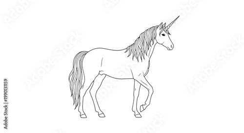 Elegant line art of a walking unicorn with a long flowing mane and tail, perfect for mythical creature and fantasy themed creative projects.