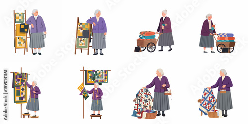 Set of vector illustrations depicting a grandmother crafting, selling, and displaying beautiful handmade patchwork quilts and blankets at a local market.