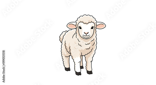 Adorable white lamb with fluffy wool standing against a white background, perfect for spring themes and children's farm animal illustrations.