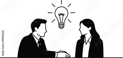 Two people sitting and talking with a lightbulb above them representing idea generation and brainstorming collaboration communication creativity and shared problem solving in modern minimal vector 