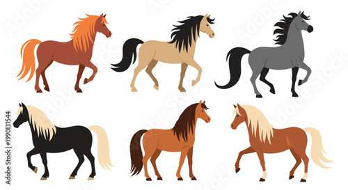 Six horses of various breeds and coat colors including brown, black, grey, and tan, perfect for equestrian guides and horse lovers.