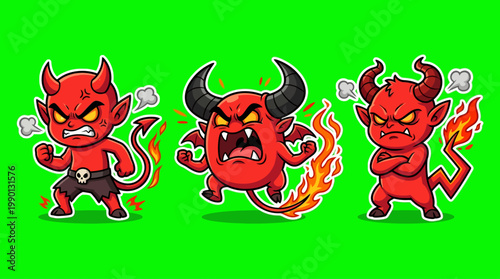 Three Angry Cartoon Devils with Horns and Fiery Tails.