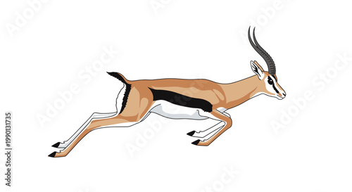 Gazelle jumping and running swiftly through the savanna shown with its characteristic horns and striped fur in a wildlife illustration.