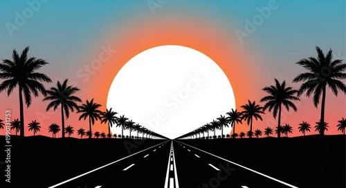 Palm Trees Lined Highway Leading to a Large Setting Sun.