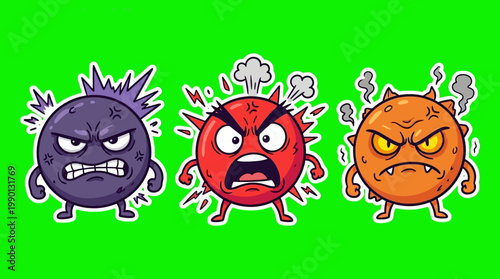 Three Angry Cartoon Germs with Furious Facial Expressions on Green Background.