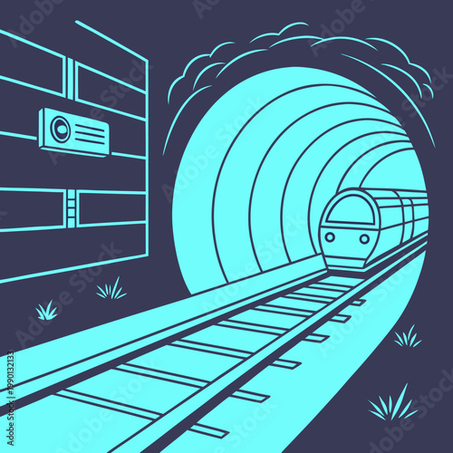 Subway train underground tunnel perspective view