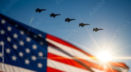 Us flag waving against a bright sun with a formation of military fighter jets flying in the sky