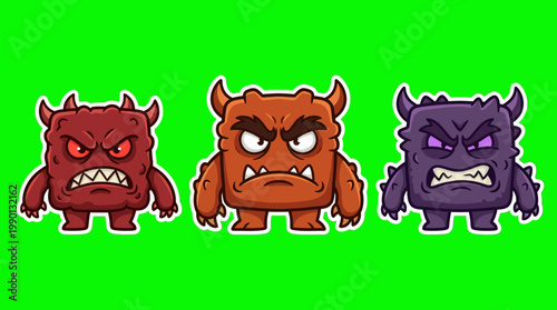 Three Angry Cartoon Monsters with Horns and Sharp Teeth.