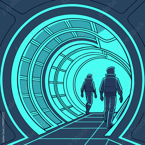 Astronauts walking in futuristic space corridor
