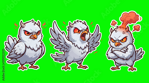Three Angry Cartoon Owls with Fiery Expressions on Green Background.